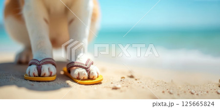 Cat relaxing in flip-flops on the beach. Sunny day by the sea.	 125665824