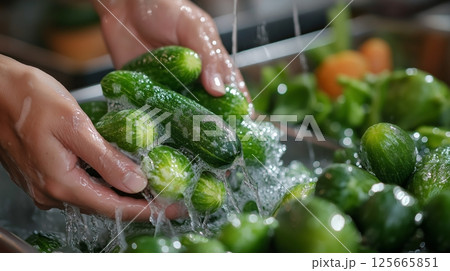 Hands washing fresh cucumbers in a market setting during daylight 125665851