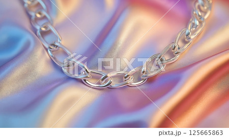 Elegant silver chain draped on soft pink satin fabric during daytime Elegant silver chain draped on soft pink satin fabric during daytime 125665863