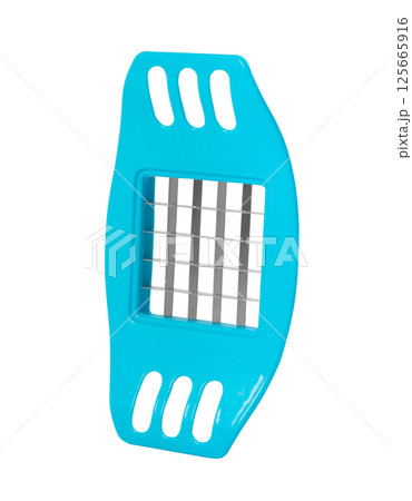 A blue kitchen tool with a grid blade, used for slicing or chopping food, ergonomic design on white background. A blue kitchen tool with a grid blade, used for slicing or chopping food, ergonomic design on white background. 125665916