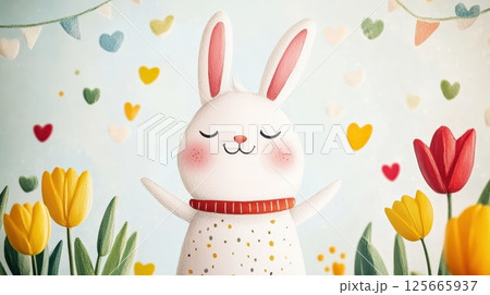 Cute bunny surrounded by hearts and colorful flowers, symbolizing love and joy, perfect for celebrating spring or Valentine's Day Cute bunny surrounded by hearts and colorful flowers, symbolizing love and joy, perfect for celebrating spring or Valentine's Day 125665937