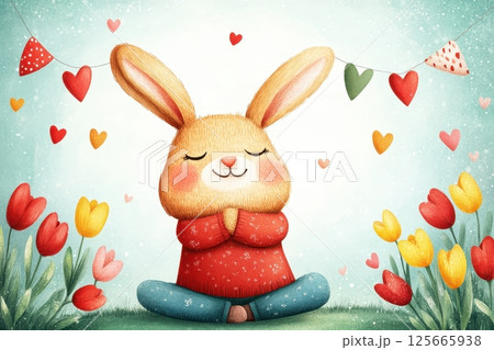 Cute bunny surrounded by hearts and colorful flowers, symbolizing love and joy, perfect for celebrating spring or Valentine's Day Cute bunny surrounded by hearts and colorful flowers, symbolizing love and joy, perfect for celebrating spring or Valentine's Day 125665938