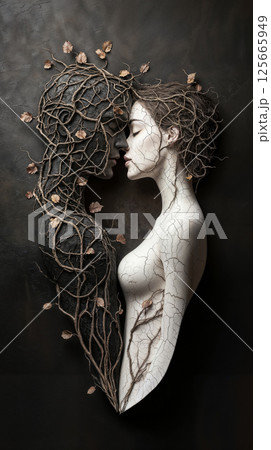 Intertwined male and female figures with vine motifs, symbolizing unity and love. Expresses connection and duality, Valentine's Day and love concept. 125665949