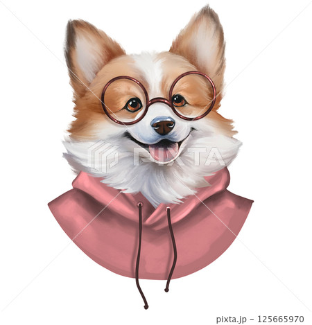 Illustration of a corgi wearing round glasses and a pink hoodie, smart and stylish look, perfect for humorous or educational designs Illustration of a corgi wearing round glasses and a pink hoodie, smart and stylish look, perfect for humorous or educational designs 125665970
