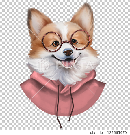 Illustration of a corgi wearing round glasses and a pink hoodie, smart and stylish look, perfect for humorous or educational designs Illustration of a corgi wearing round glasses and a pink hoodie, smart and stylish look, perfect for humorous or educational designs 125665970