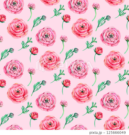 Pink ranunculus and greenery watercolor seamless pattern. Floral summer watercolor print Pink ranunculus and greenery watercolor seamless pattern. Floral summer watercolor print 125666049