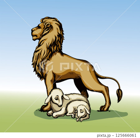 Vector drawing. Lion and lamb walks together Vector drawing. Lion and lamb walks together 125666061