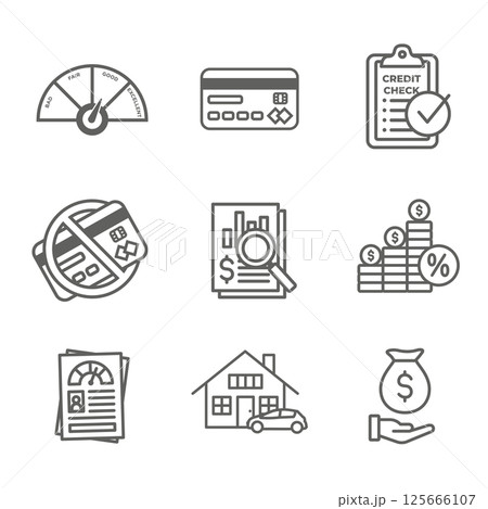 Credit Score and Loans Icon Set with Approved Credit Underwriting Interest Rates Debt Mortgage Refinance 125666107