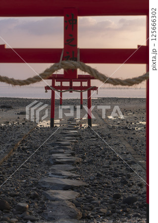 朝日に照らされる大魚神社の海中鳥居 125666302