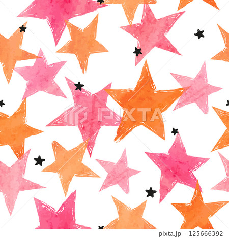 Seamless stars pattern. Vector background with watercolor pink and orange stars 125666392