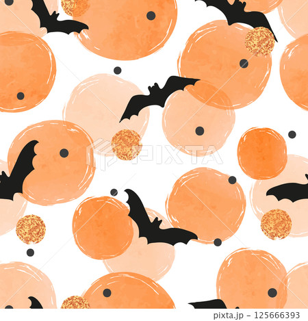 Seamless Halloween pattern with flying black bat and orange circles 125666393