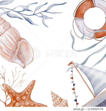 Underwater square frame with Corals, Seaweeds and Seashells. Hand drawn watercolor illustration Sea boat and lifebuoy and star for sea or summer design in light orange and pastel blue colors. 125666576