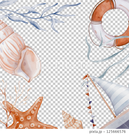 Underwater square frame with Corals, Seaweeds and Seashells. Hand drawn watercolor illustration Sea boat and lifebuoy and star for sea or summer design in light orange and pastel blue colors. 125666576
