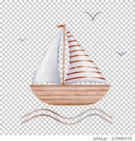 Watercolor babes illustration sailboat on the waves and birds in sky. Hand drawn flair water boat with orange red stripes isolated for babes. Sketch of Boat or Sailing ship for childish design Watercolor babes illustration sailboat on the waves and birds in sky. Hand drawn flair water boat with orange red stripes isolated for babes. Sketch of Boat or Sailing ship for childish design 125666578