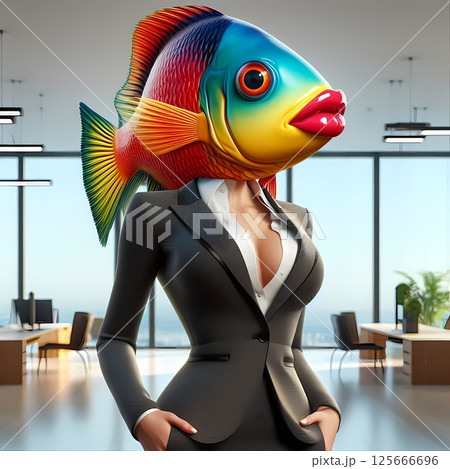 Fish Head Businesswoman - Surreal 3D Concept of Imposter Syndrome in the Workplace 125666696