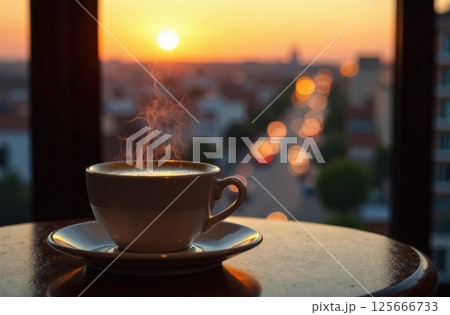 Cup of cappuccino with steam in cafe with an evening cityscape visible through the window 125666733