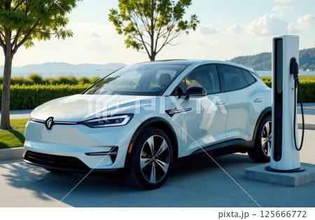 Electric car at modern charging station and charge the battery Future innovative EV charging station 125666772