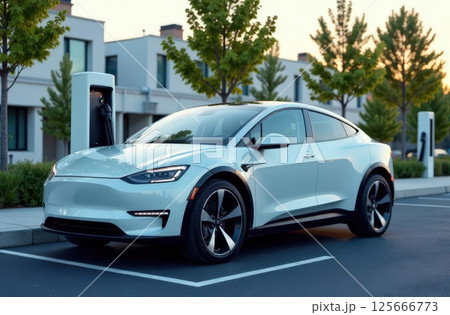 Electric car at modern charging station and charge the battery Future innovative EV charging station 125666773