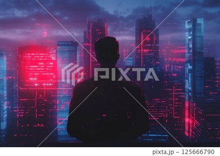 Silhouette of a man looking at a cyberpunk cityscape with neon lights and skyscrapers. 125666790