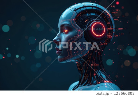 Beautiful cyborg woman with machine part of her face and reflection of code numbers. Future concept 125666805