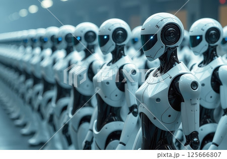 Rows of standing futuristic industrial humanoid robots. Concept of future industrial revolution. 125666807