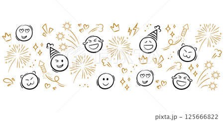 Set of sketch party celebration elements. Cute Doodle emoji. Cute line doodle emoji, fireworks, sparks, stars. Vector illustration 125666822