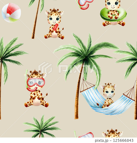 Seamless pattern with cute baby giraffe on striped hanging hammock with Green palm trees. Zebra with pineapple. Watercolor hand drawn elephant, floral jungle illustration isolated on background. For 125666843