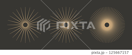 Bohemian vintage gold sunburst, starburst design. Abstract boho round sun, star. Vector line magic art collection. Bohemian vintage gold sunburst, starburst design. Abstract boho round sun, star. Vector line magic art collection. 125667157