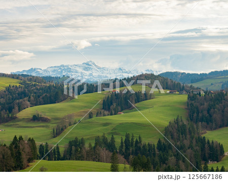 Mogelsberg, Switzerland - December 23rd 2023: Hilly landscape with view to the famous Saentis mountain 125667186