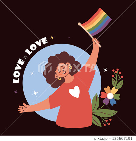 Happy Woman Holding rainbow Pride Flag LGBTQ. Festive postcard Love is Love. Flat Vector Illustration. Colorful, joyful LGBT support image for Pride Month, unity, diversity and equal love 125667191