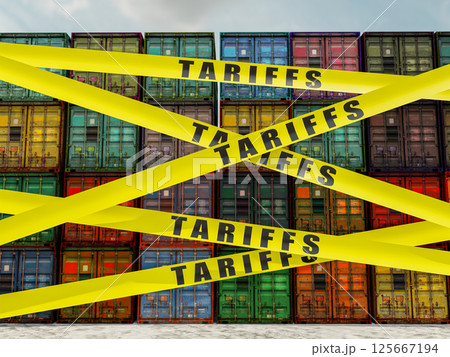 Shipping Containers Blocked by Tariffs, Representing Trade Restrictions and Global Economy Shipping Containers Blocked by Tariffs, Representing Trade Restrictions and Global Economy 125667194