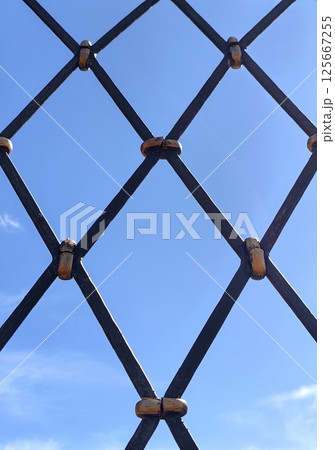 strong black iron fence against clear blue sky in bright daytime setting. close up. 125667255