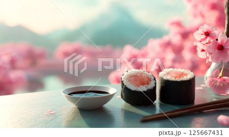 Sushi rolls on table with cherry blossoms and sauce, tranquil spring scene 125667431