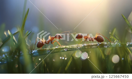 Ants interacting on dewy grass with sunlight glimmering, macro photography 125667450