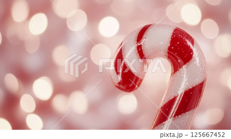 Close-up of a red and white candy cane with glitter on a blurred background 125667452