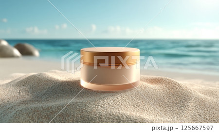 Cosmetic cream jar on sunlit beach with ocean view, beauty concept Cosmetic cream jar on sunlit beach with ocean view, beauty concept 125667597