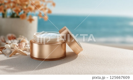 Open cream jar on sandy surface by the sea with seashells and starfish 125667609