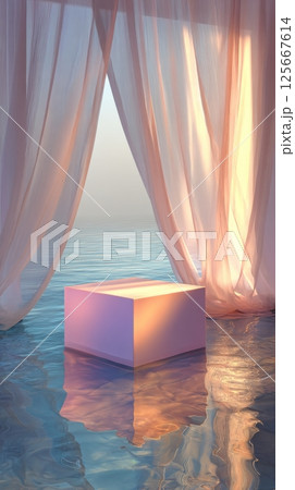 Soft pastel sunset on water with a glowing cube and flowing curtains 125667614