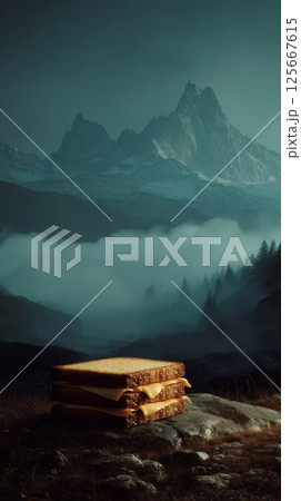Stacked grilled cheese sandwiches in a misty mountain landscape 125667615