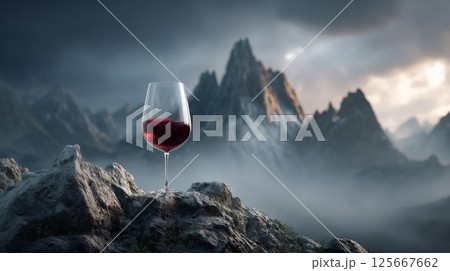 Glass of red wine on rocky cliff with misty mountain background, serene atmosphere 125667662