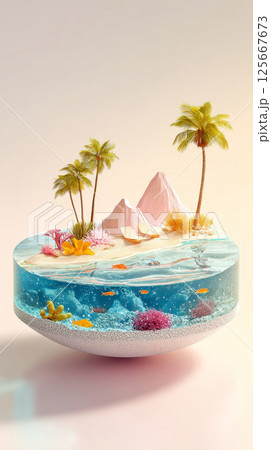 Miniature tropical island with coral and fish in a glass sphere, 3d illustration Miniature tropical island with coral and fish in a glass sphere, 3d illustration 125667673