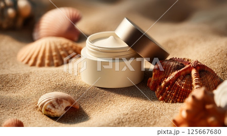 Moisturizing cream jar on sandy beach surrounded by seashells, summer skincare concept Moisturizing cream jar on sandy beach surrounded by seashells, summer skincare concept 125667680