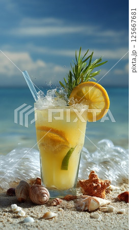 Refreshing lemon cocktail with rosemary on beach with ocean in background 125667681