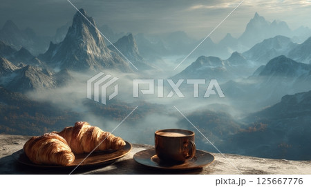 Serene mountain view with croissants and coffee on the table, peaceful morning 125667776