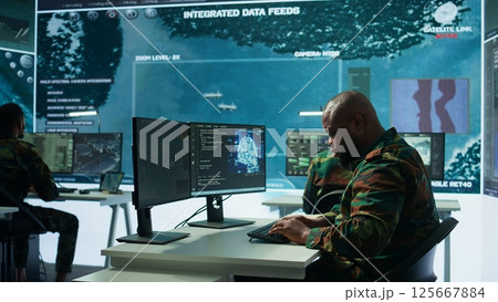 Machine learning specialist monitors satellite data and neural network to collect data for operations. Programming algorithms for cybersecurity and national safety, AI brain visualization. Camera B. Machine learning specialist monitors satellite data and neural network to collect data for operations. Programming algorithms for cybersecurity and national safety, AI brain visualization. Camera B. 125667884