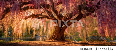 Enchanting cherry blossom tree with pink flowers and sunlight at a serene lake 125668113