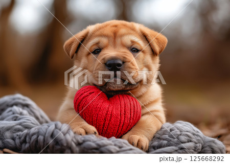 Adorable Shar-Pei puppy with heart and blanket, perfect for cute and furry pet lovers 125668292