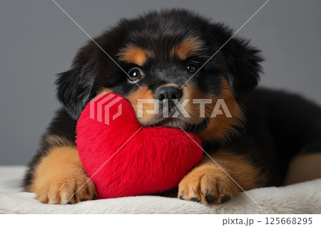 Rottweiler puppy with heart, cute dog and adorable pet in a canine love scene 125668295