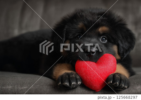 Adorable puppy with heart toy captures love and cuteness: perfect image for pet lovers 125668297