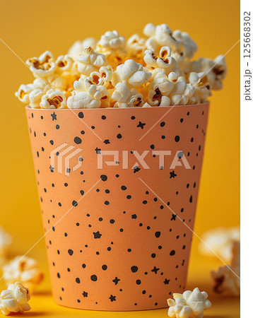 Popcorn bucket with orange design, a delicious snack for cinema, party, or entertainment events. 125668302